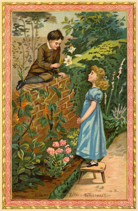 Jongen zit op een muur en biedt bloemen aan een meisje aan door American School