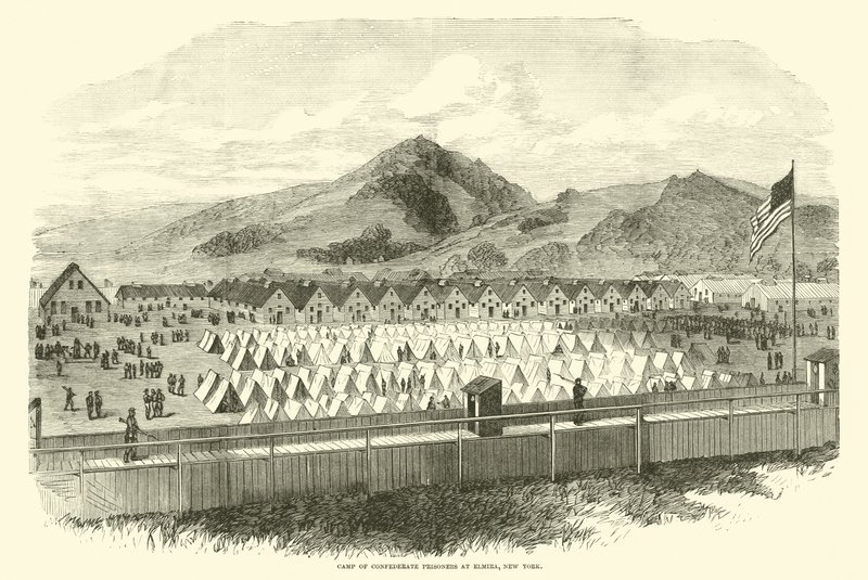 Kamp van Geconfedereerde gevangenen in Elmira, New York, mei 1865 door American School