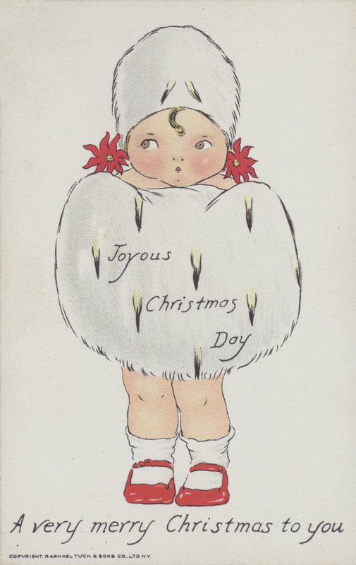 Kerstwenskaart met afbeelding van een kind met een kerstmuts en -muts. (chromolitho) door American School