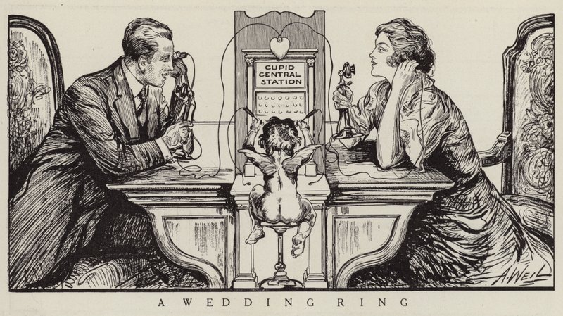 Cupido orkestreert een telefoongesprek tussen een man en een vrouw (litho) door American School