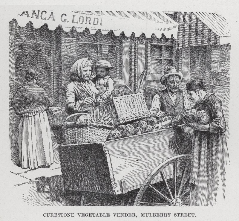 Straatverkoper van groenten, Mulberry Street (litho) door American School