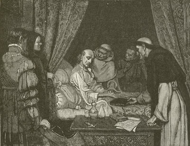 Sterfbed van Copernicus, naar het schilderij van E Blair Leighton door American School