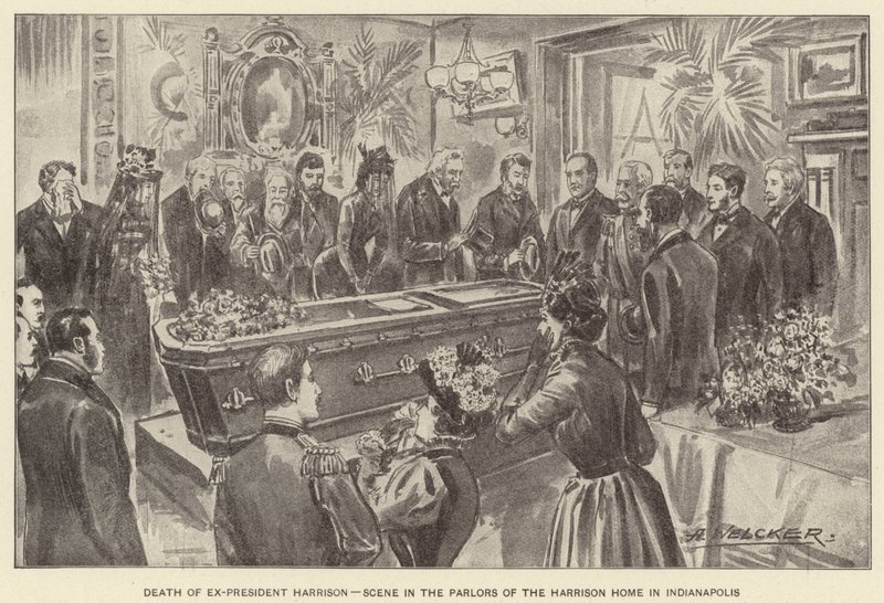 De dood van ex-president Harrison, scène in de salons van het huis van Harrison in Indianapolis (litho) door American School