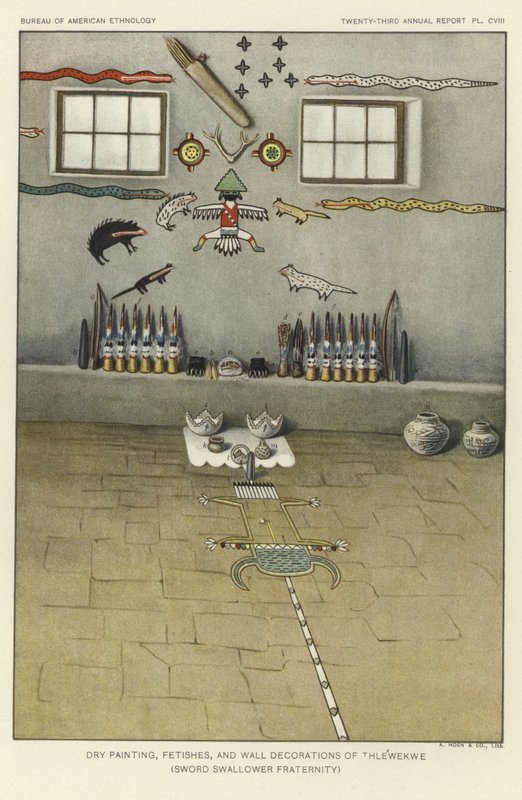 Droogschilderingen, fetisjen en muurdecoraties van Thlewekwe (broederschap van zwaardvechters) (kleurenlitho) door American School