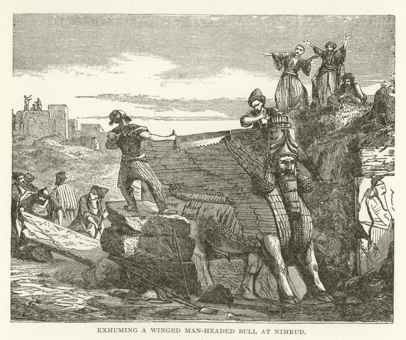 Opgraving van een gevleugelde man-hoofdige stier in Nimrud door American School