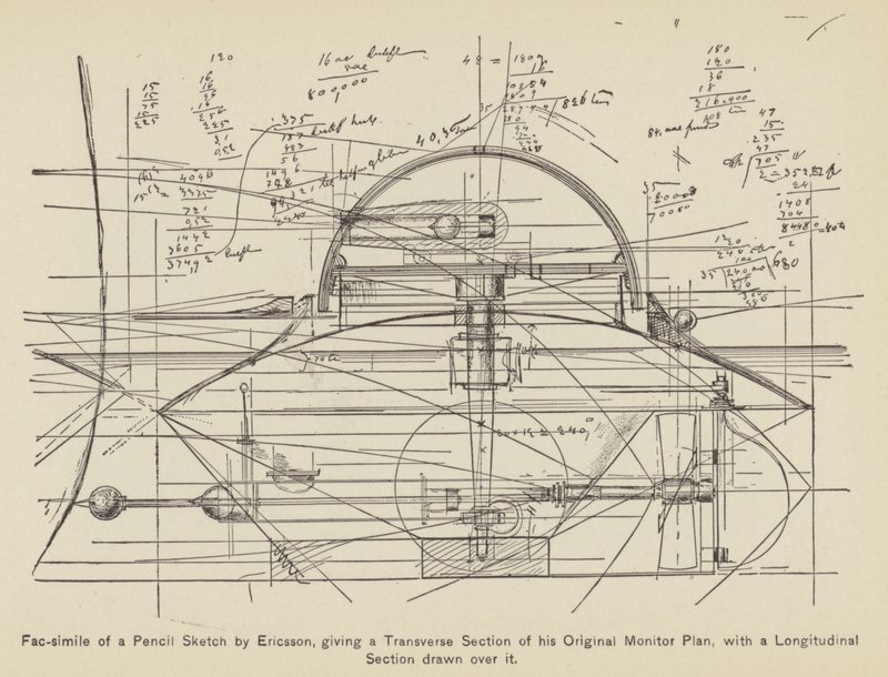Facsimile van een Potloodschets door Ericsson, met een Dwarsdoorsnede van zijn Originele Monitor (gravure) door American School