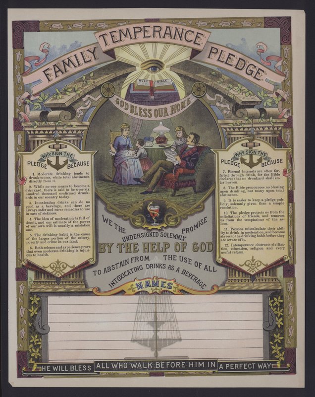 Familie onthoudingsbelofte (gekleurde gravure) door American School