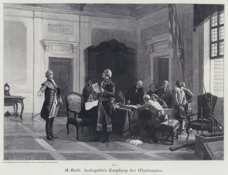 George Washington verwelkomt de markies de Lafayette door American School
