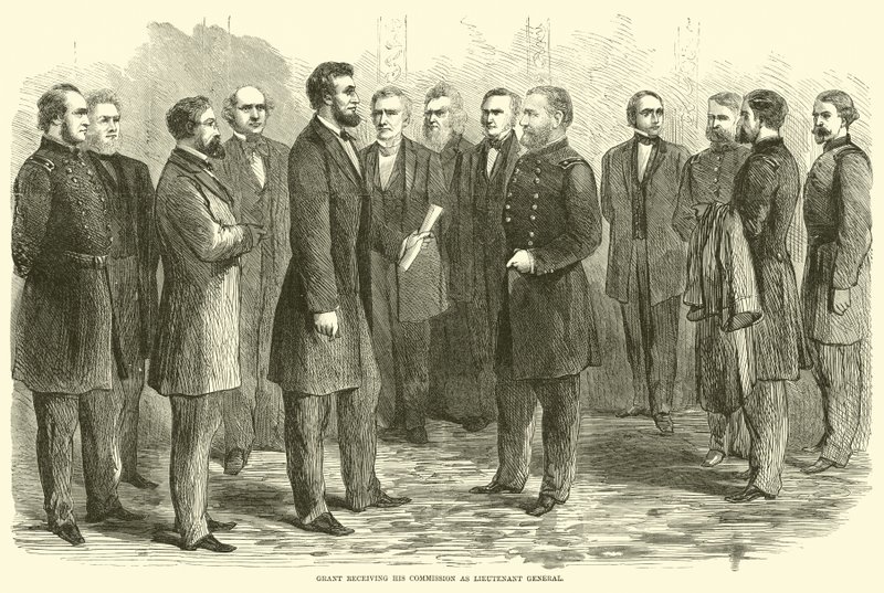 Grant ontvangt zijn benoeming tot luitenant-generaal, mei 1864 door American School