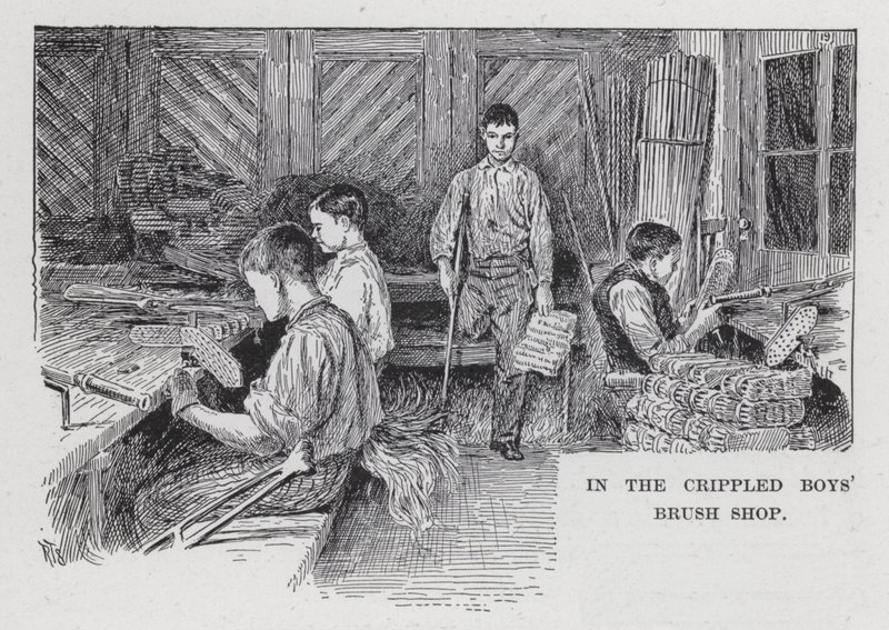 In de borstelwerkplaats van de kreupele jongens (litho) door American School