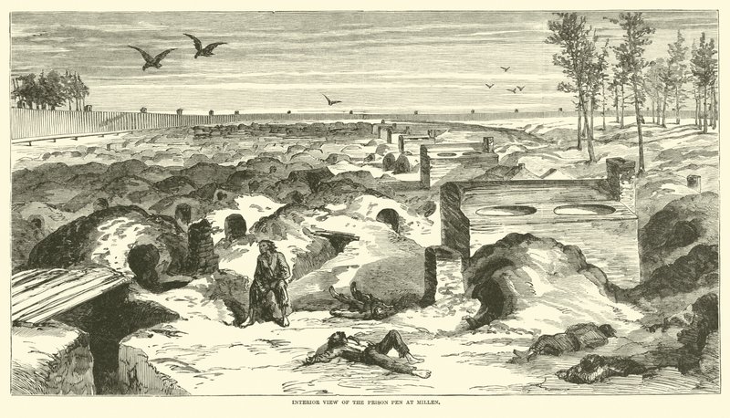Binnenaanzicht van de gevangenis in Millen, november 1864 door American School