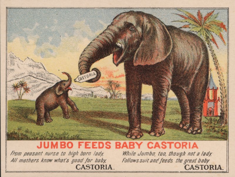 Jumbo voedt baby Castoria, advertentie voor Fletcher