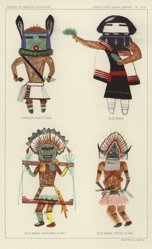 Kwacus Alek Taka, Alo Mana, Oud Masker (Katcina Clan), Oud Masker (Tcua Clan) (kleurenlitho) door American School