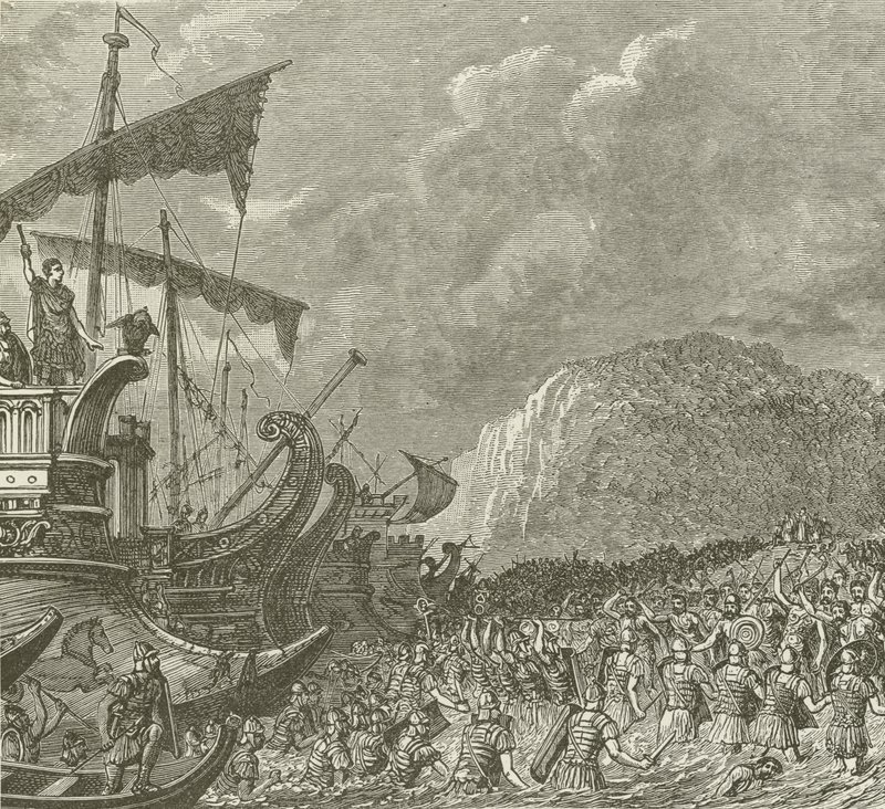 Landing van de Romeinen, onder Caesar, in Brittannië, 55 v.Chr. door American School