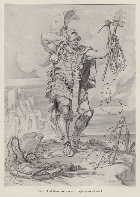 Mars, de Romeinse god van de oorlog met schoppen en prikkeldraad gebruikt in loopgravenoorlog (litho) door American School