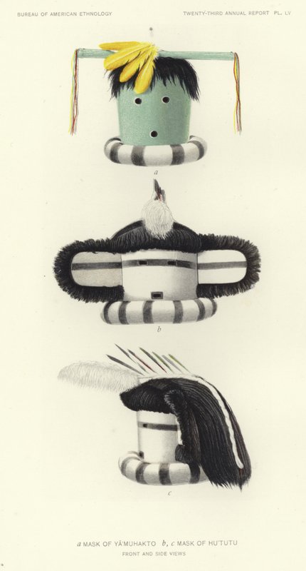Masker van Yamuhakto en masker van Hututu (kleurenlitho) door American School