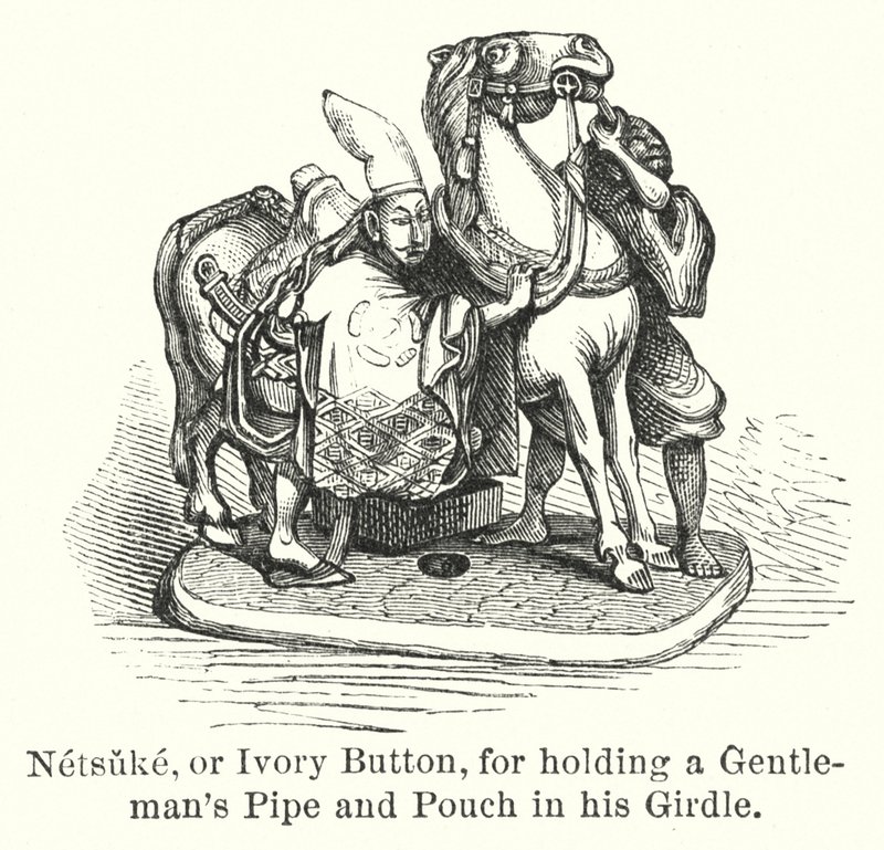 Netsuke, of Ivoren Knoop, voor het Vasthouden van een Pijp en Tas van een Heer in zijn Gordel door American School