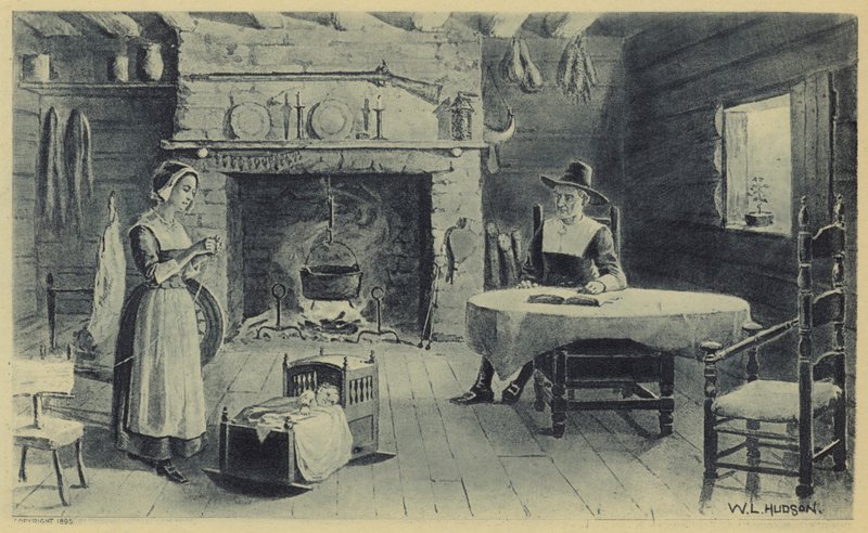 Pioniershuis in New England (litho) door American School