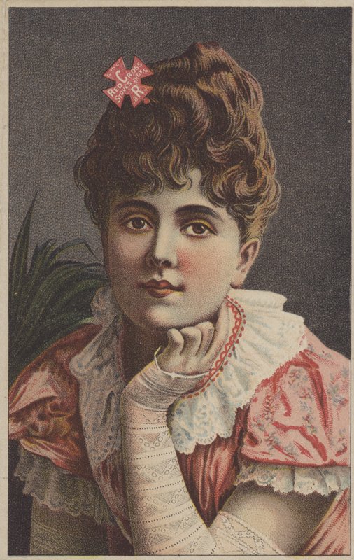 Mooi meisje maakt reclame voor Rode Kruis Kachels en Fornuizen (chromolitho) door American School