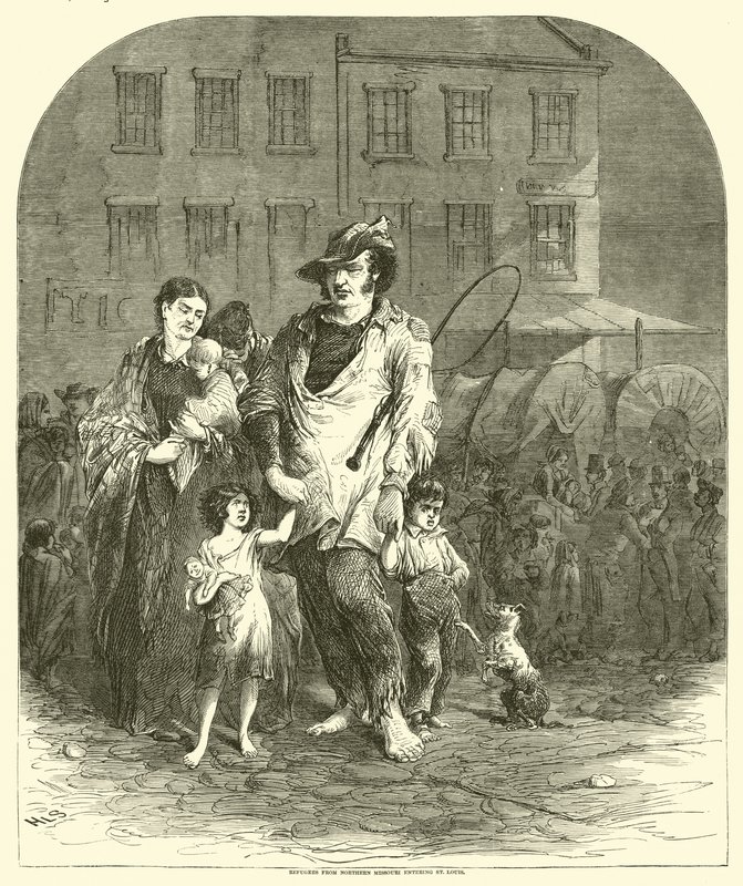 Vluchtelingen uit Noord-Missouri komen St. Louis binnen, september 1864 door American School