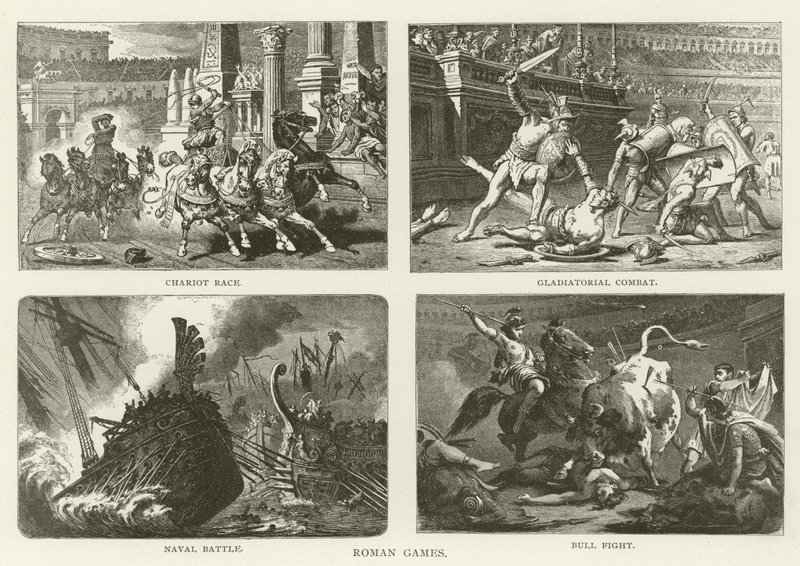 Romeinse Spelen, Wagenrennen, Gladiatorengevecht, Zeeslag, Stierengevecht door American School