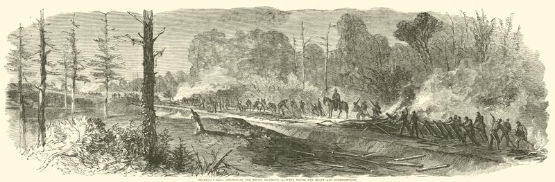 Shermans leger vernietigt de Macon-spoorweg tussen Rough and Ready en Jonesborough, augustus 1864 door American School