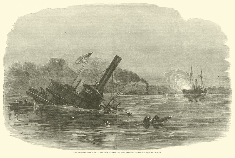 De Zuidelijke Ram Albemarle valt de Federale kanonneerboten aan bij Plymouth, oktober 1864 door American School