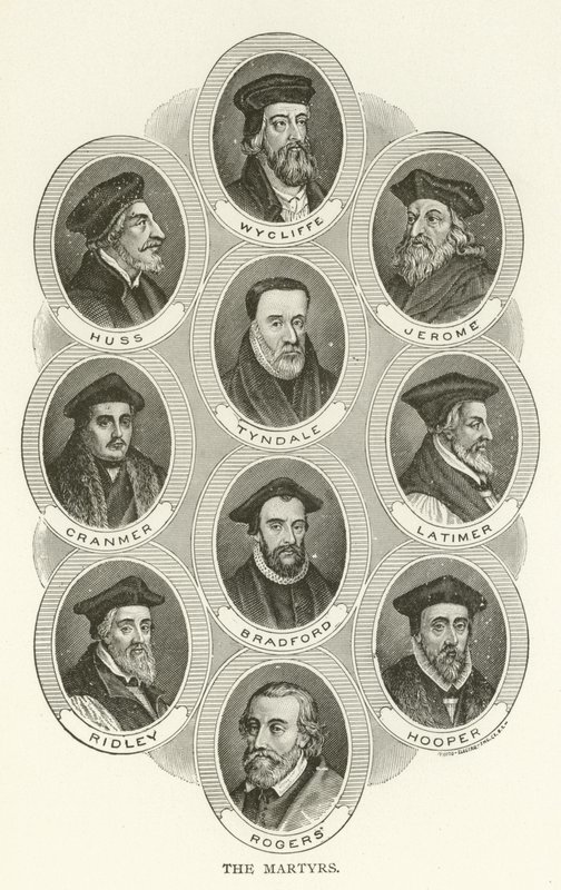 De Martelaren, Wycliffe, Huss, Jerome, Tyndale, Cranmer, Latimer, Bradford, Ridley, Hooper, Rogers door American School