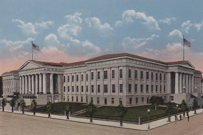 Octrooibureau, Washington DC (kleurenlitho) door American School