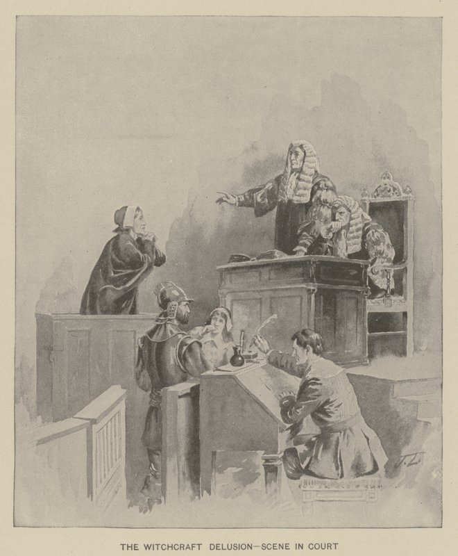 De hekserijwaan - scène in de rechtszaal (litho) door American School