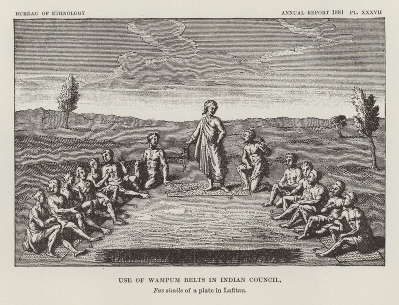 Gebruik van Wampum-riemen in Indiaanse Raad door American School