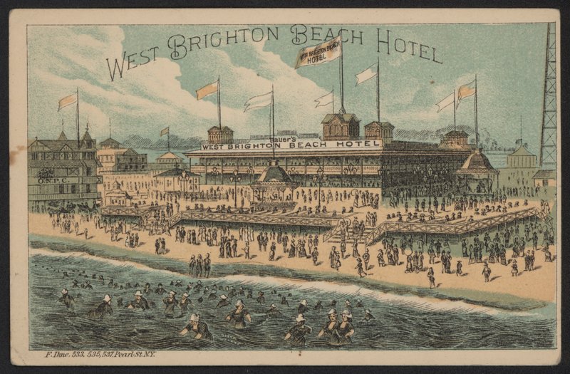 West Brighton Beach Hotel, VS (gekleurde gravure) door American School