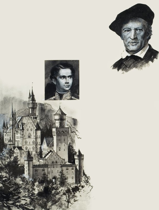 Ludwig II van Beieren en zijn kasteel bij Neuschwanstein (gouache op papier) door Andrew Howat