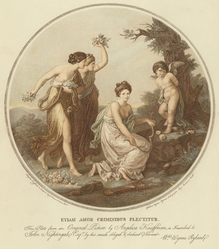 Twee nimfen bespotten Cupido die aan een boom is vastgebonden door Angelica (after) Kauffmann