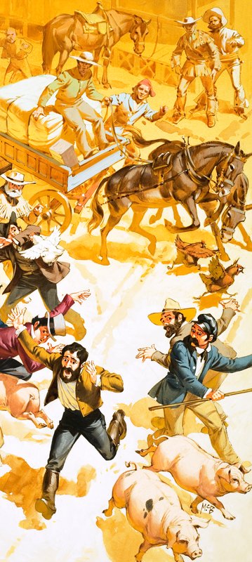 Een man rent door de straten van San Francisco en kondigt de ontdekking van goud aan door Angus McBride