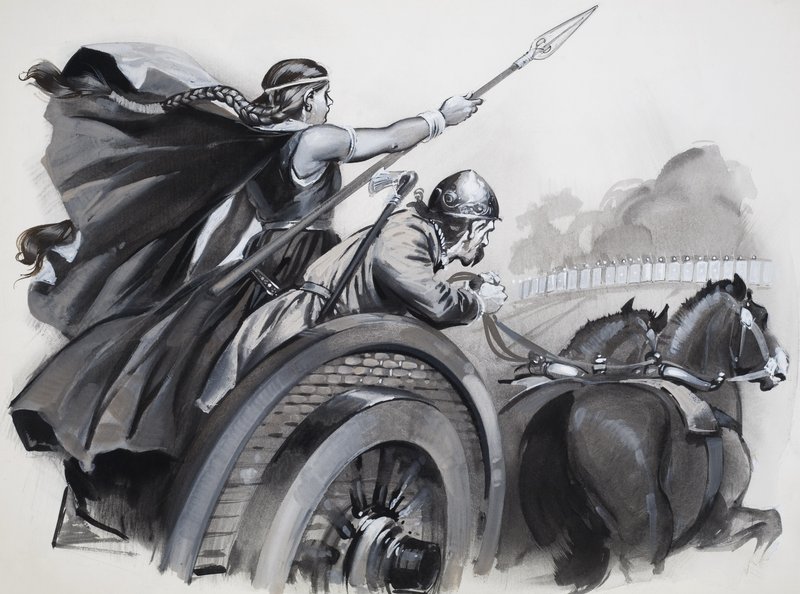 Boadicea zweept de woede van de Britten op tegen hun Romeinse overheersers (gouache op papier) door Angus McBride