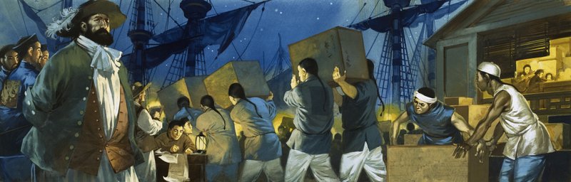 Chinese arbeiders laden thee op een klipper voor transport naar Engeland door Angus McBride