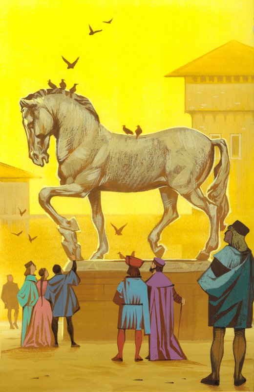 Kleistandbeeld van een paard gemaakt door Leonardo Da Vinci (gouache op papier) door Angus McBride