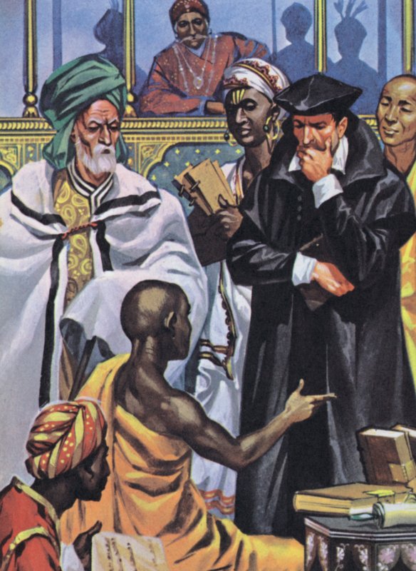 Ideeën worden besproken in Akbars Parlement van Religies (kleurenlitho) door Angus McBride
