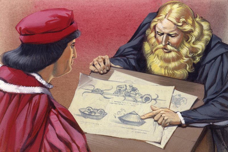 Leonardo Da Vinci legt mogelijke oorlogsmachines uit aan Ludovico Sforza (gouache op papier) door Angus McBride