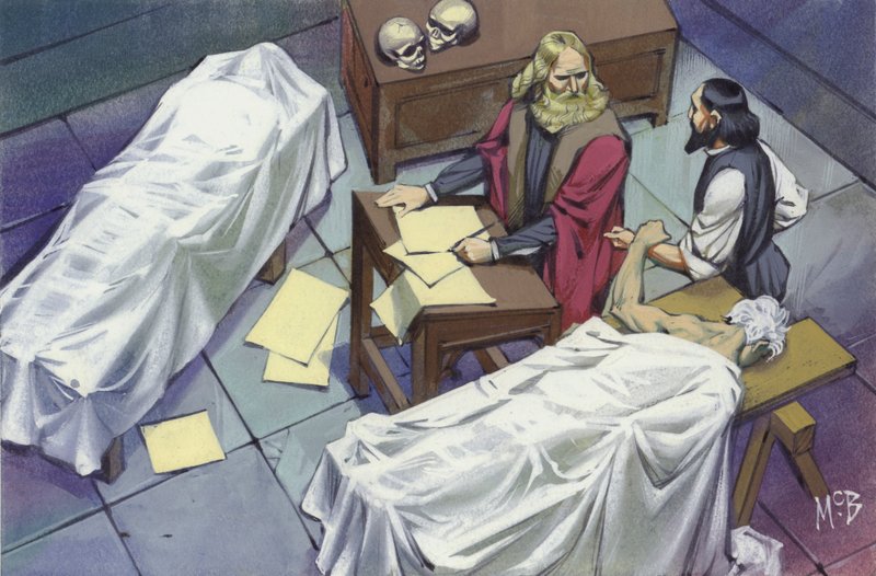 Leonardo Da Vinci onderzoekt de menselijke anatomie aan de hand van lijken van in het ziekenhuis gestorven mannen (gouache op papier) door Angus McBride