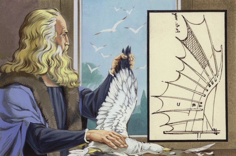 Leonardo Da Vinci bestudeert vogels om te ontdekken hoe een mens kan vliegen (gouache op papier) door Angus McBride