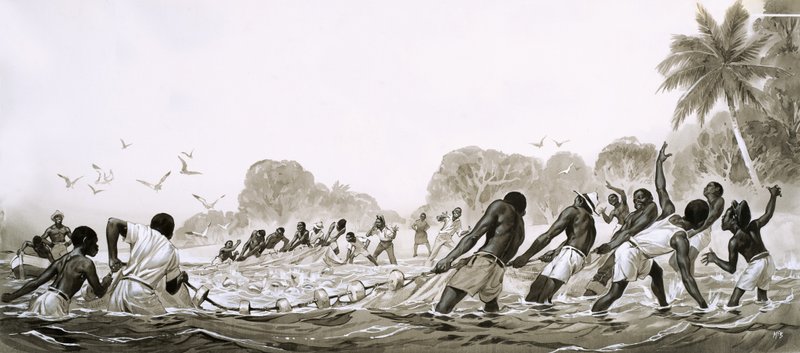 Inheemse bewoners van het Caribisch gebied gebruiken netten om de zeeën te bevissen door Angus McBride