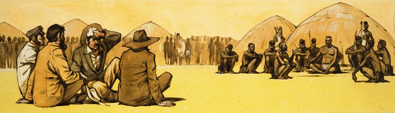 Pioniers onderhandelen met stamhoofden in Afrika door Angus McBride