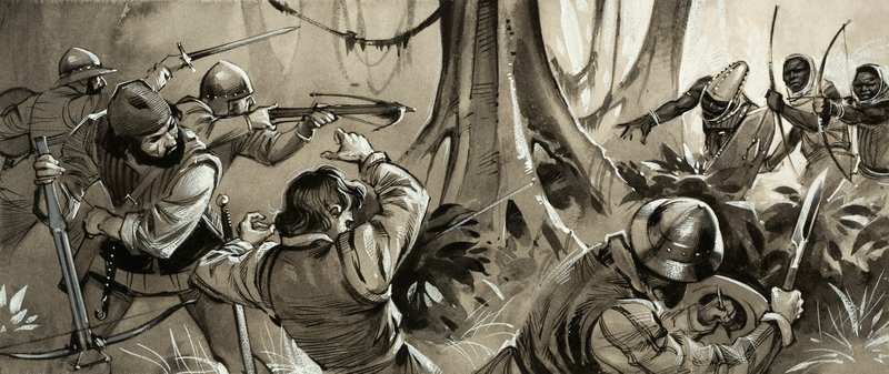 Portugese zeelieden aangevallen door vijandige stammen in Noord-Afrika (gouache op papier) door Angus McBride