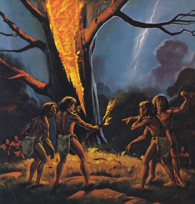 Prehistorische mens en vuur (kleurenlitho) door Angus McBride