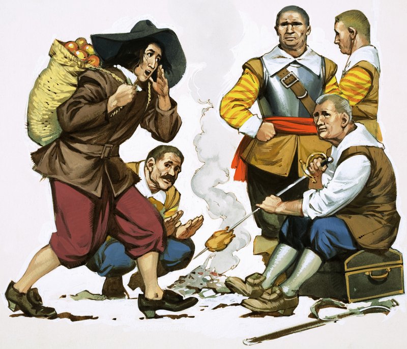 Prins Rupert, verkleed als appelverkoper, komt het kamp van Cromwell binnen door Angus McBride