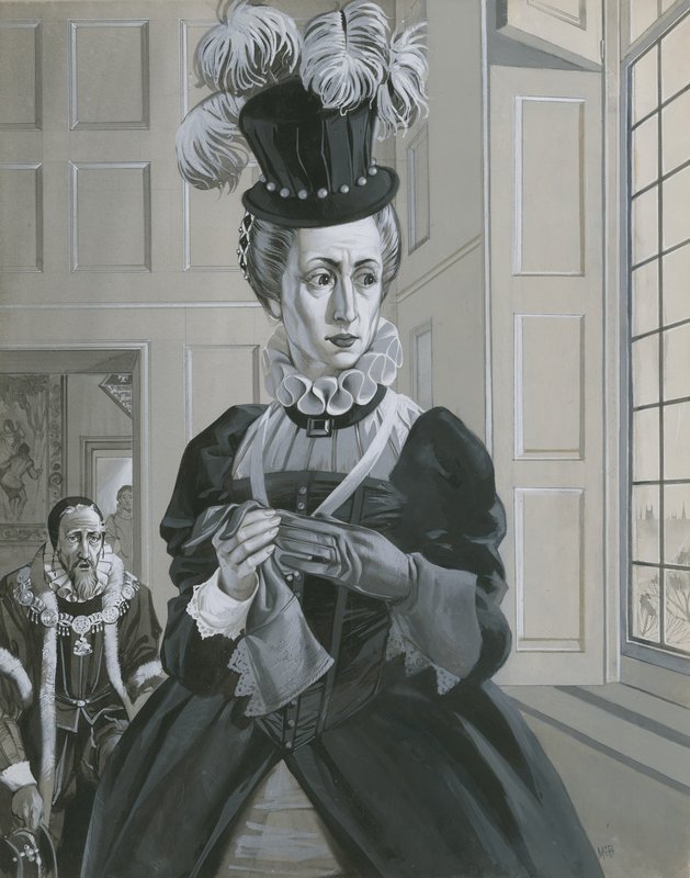Koningin Elizabeth I, hoort het nieuws over de executie van Mary Queen of Scots (gouache op papier) door Angus McBride