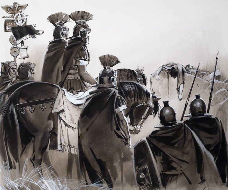 Romeinse soldaten na een veldslag (gouache op papier) door Angus McBride