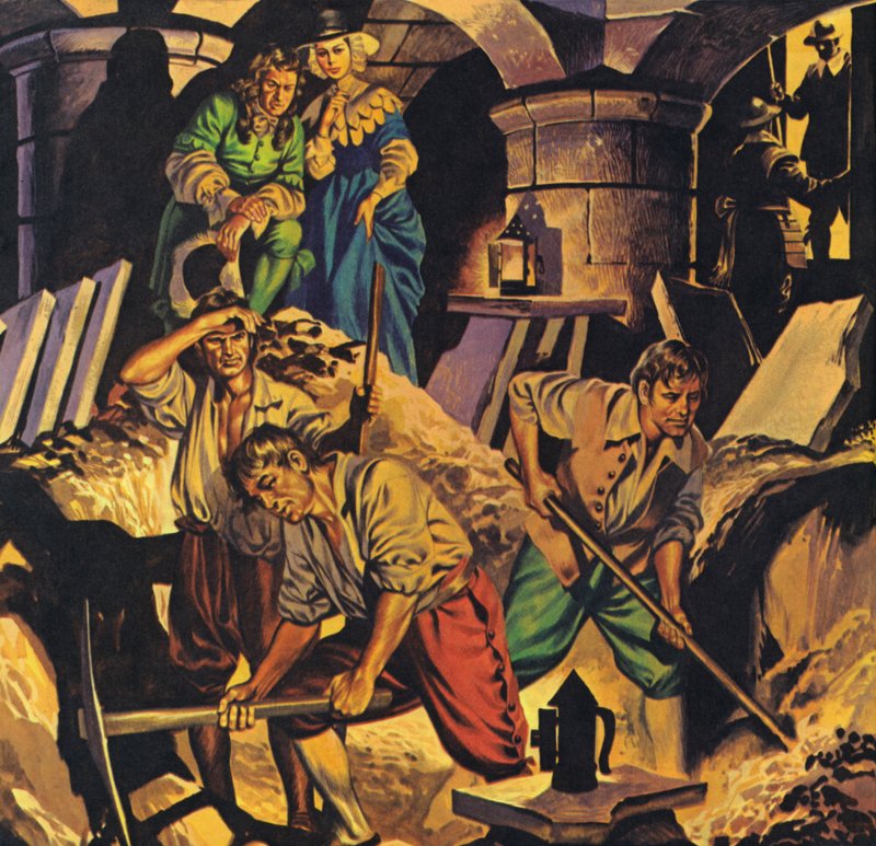 Samuel Pepys op zoek naar een geldschat die verborgen zou zijn in The Tower Of London (kleurenlitho) door Angus McBride